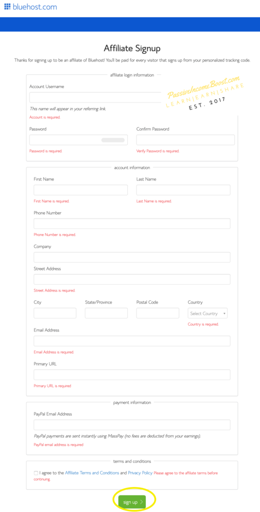 Bluehost Signup Affiliate Program form