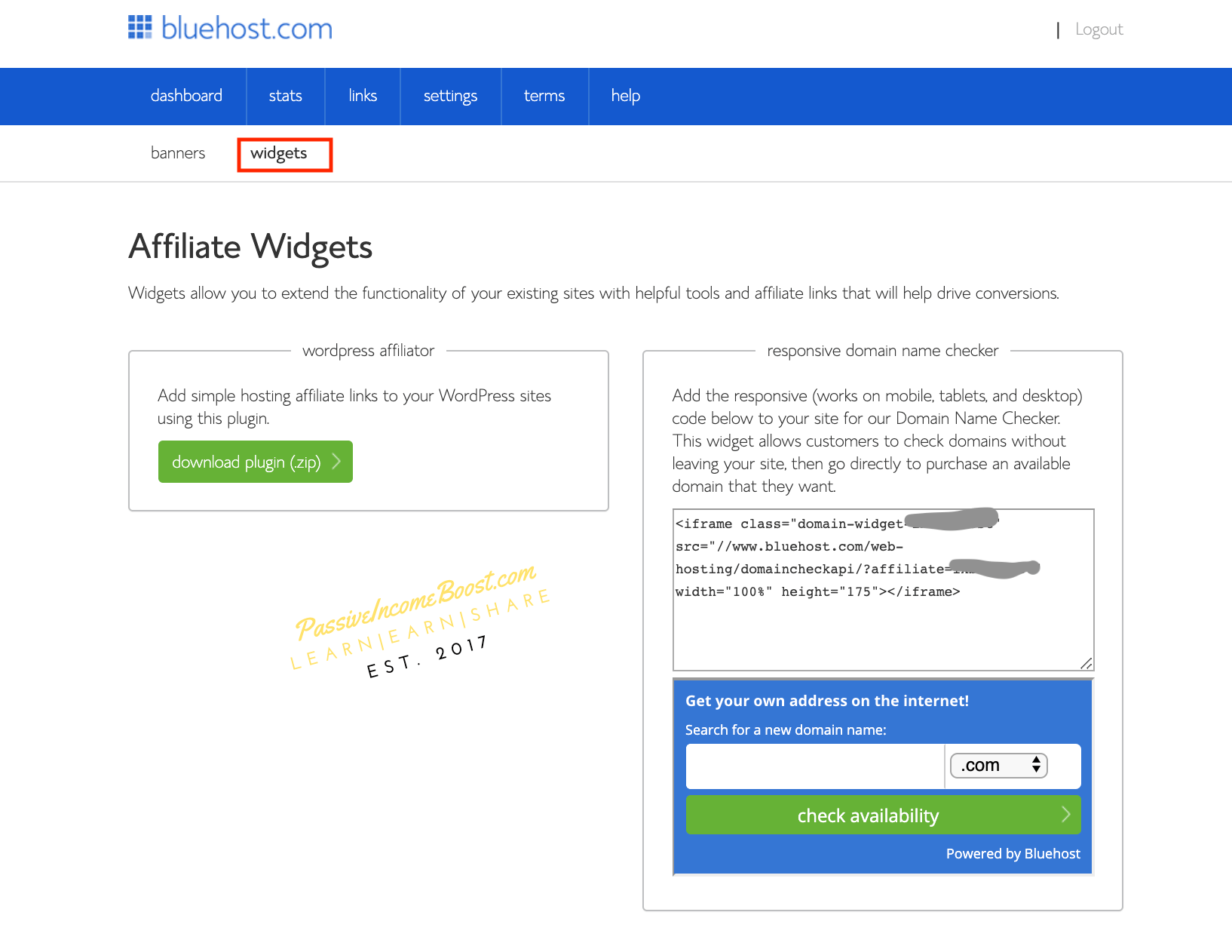 bluehost affiliate partners program widgets